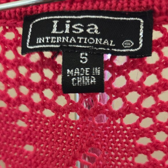 Lisa International Dark Pink Short Sleeve Crochet See Through Light Sweater - Picture 4 of 4